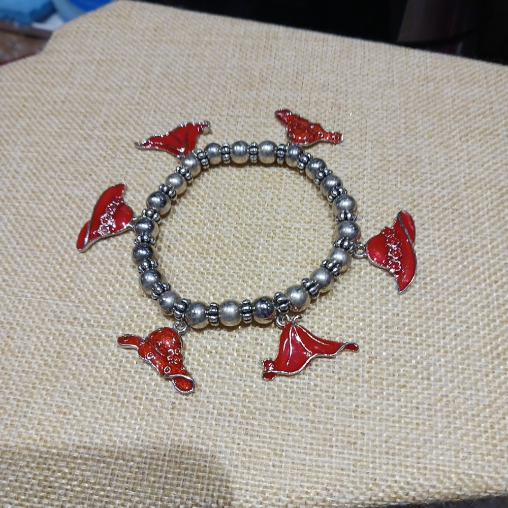 Vintage Red Hat Society 7" Enamel & Silver Tone Stretch Bracelet.